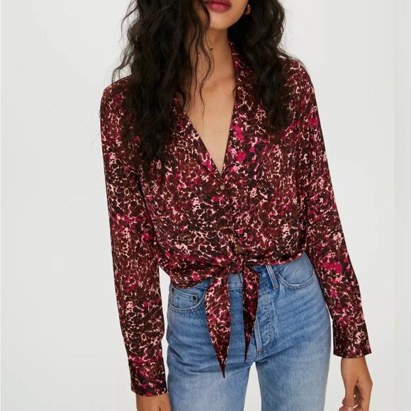 Wilfred | Aritzia Tie Front Blouse Button Down Cropped Pink Fuchsia Brown Top M - Picture 2 of 9